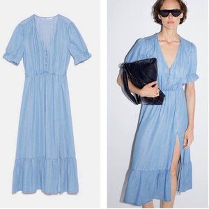 Zara Blue Chambray Tencel V Neck Puff Sleeve Midi Length Side Slit Dress Small